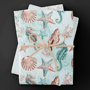 Coastal Chic Teal and Coral Reef Pastel Pattern Wrapping Paper Sheets