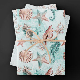 Coastal Chic | Teal and Coral Reef Pastel Pattern Wrapping Paper Sheets