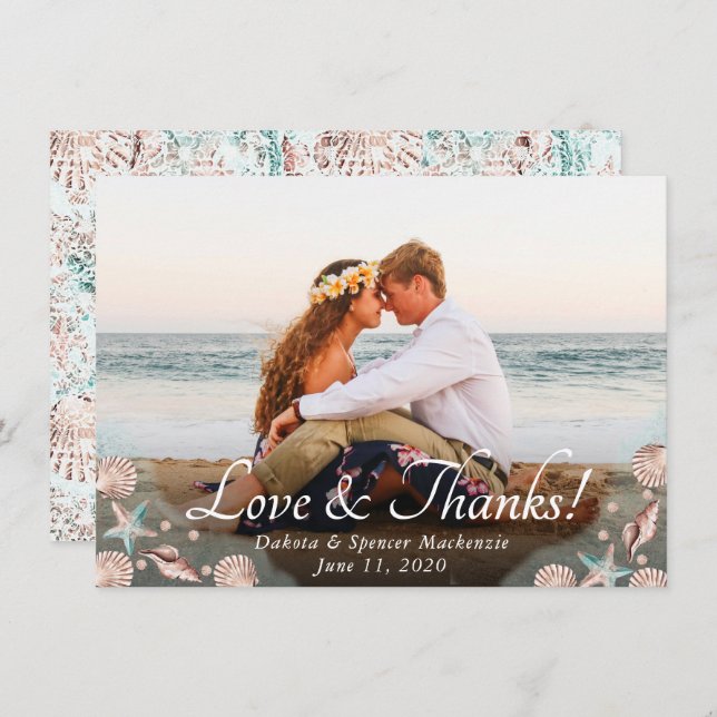 Coastal Chic | Teal and Coral Reef Photo Wedding Thank You Card (Front/Back)