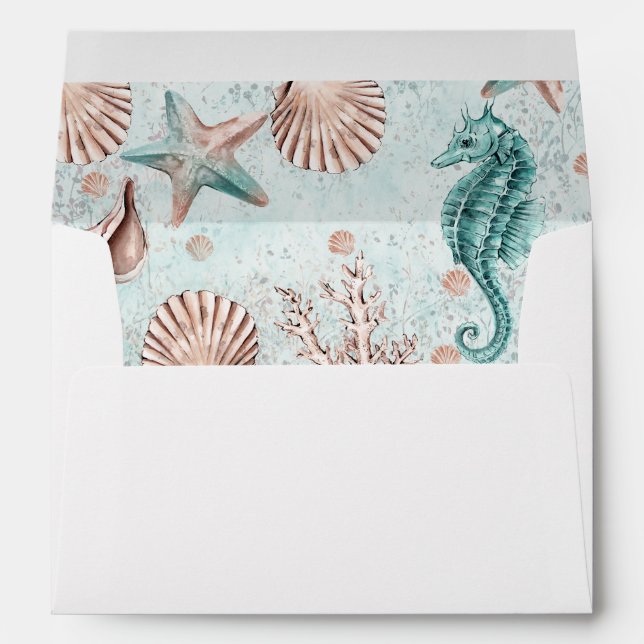 Coastal Chic | Teal and Coral Reef Wedding Address Envelope (Back (Bottom))