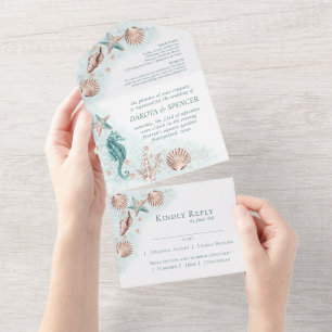 Coastal Chic Teal and Rose Gold Nautical Wedding All In One Invitation