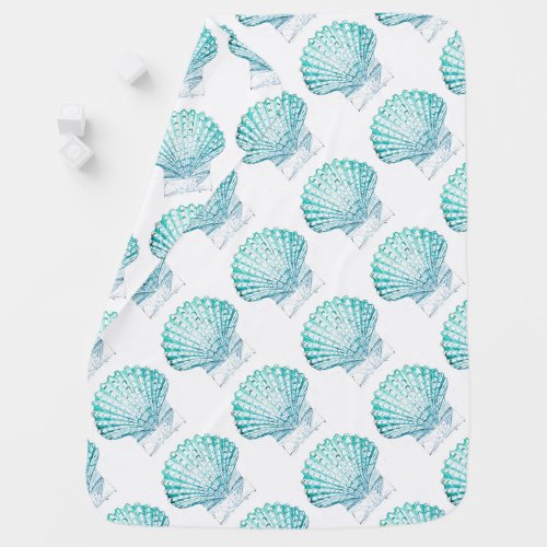 coastal chic teal blue watercolor mermaid seashell baby blanket