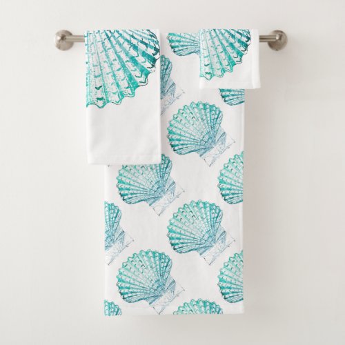 coastal chic teal blue watercolor mermaid seashell bath towel set