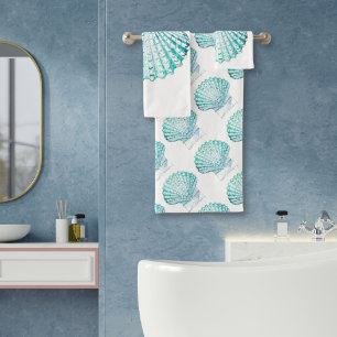 coastal chic teal blue watercolor mermaid seashell bath towel set