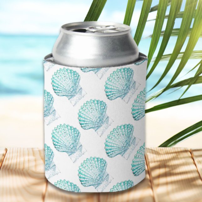 coastal chic teal blue watercolor mermaid seashell can cooler (coastal chic teal blue watercolor mermaid seashell can cooler)