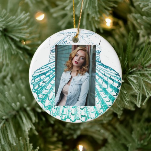 coastal chic teal blue watercolor mermaid seashell ceramic ornament