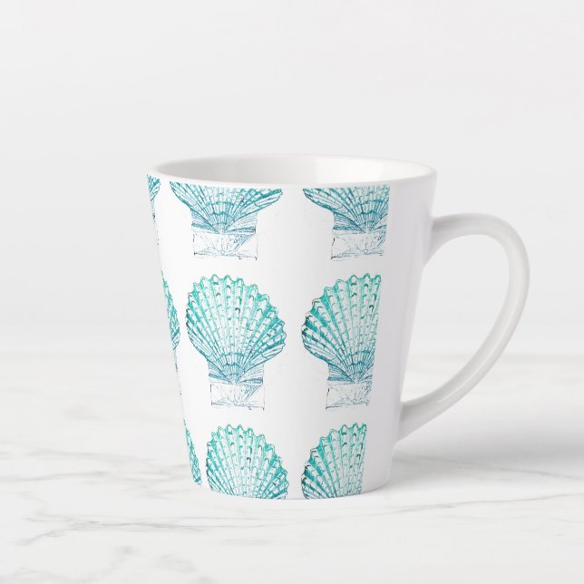 coastal chic teal blue watercolor mermaid seashell latte mug (Right)
