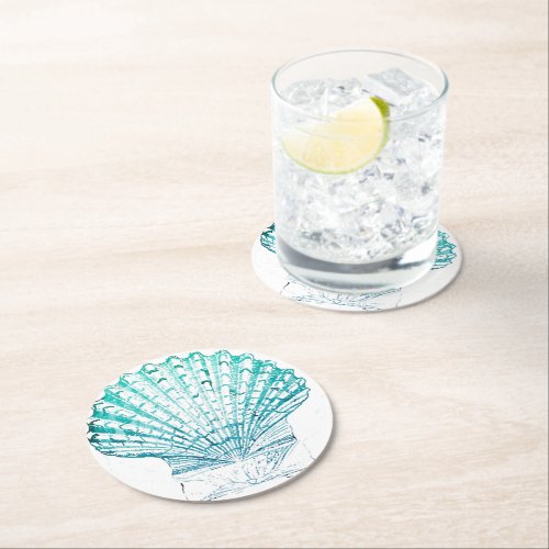 coastal chic teal blue watercolor mermaid seashell round paper coaster