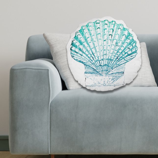 coastal chic teal blue watercolor mermaid seashell round pillow (coastal chic teal blue watercolor mermaid seashell round pillow)