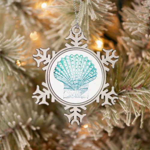 coastal chic teal blue watercolor mermaid seashell snowflake pewter christmas ornament