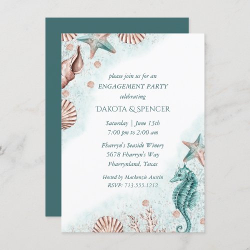 Coastal Chic  Teal Coral Reef Engagement Dinner Invitation