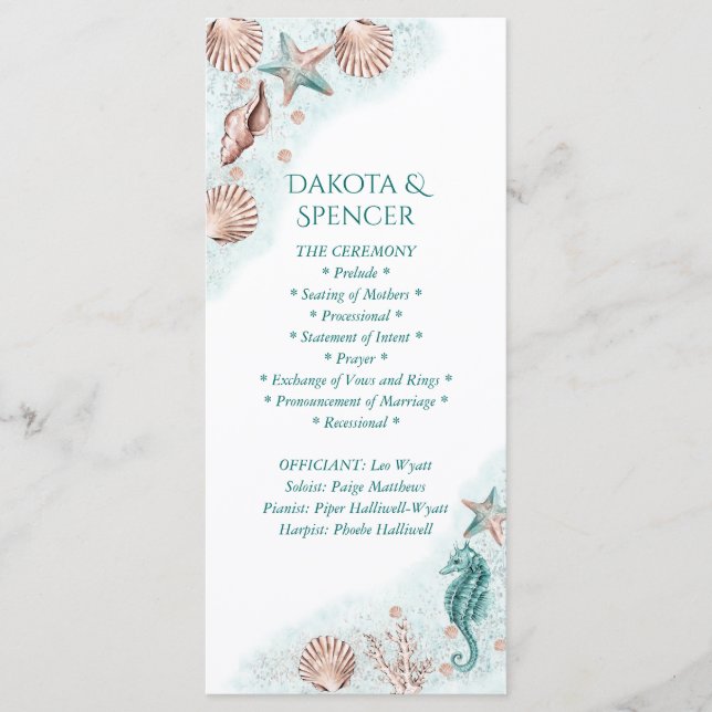 Coastal Chic | Teal Coral Reef Wedding Ceremony Program (Front)