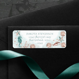 Coastal Chic Teal Green and Coral Reef Party Label