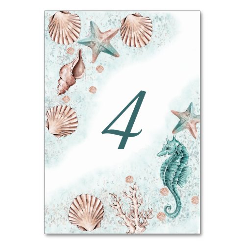 Coastal Chic  Teal Green and Coral Reef Party Table Number