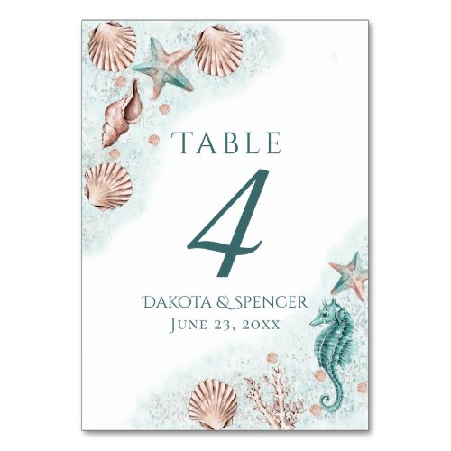 Coastal Chic  Teal Green and Coral Reef Reception Table Number