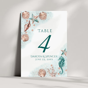Coastal Chic   Teal Green and Coral Reef Reception Table Number