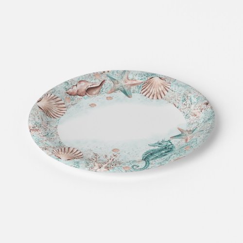 Coastal Chic  Teal Green and Coral Reef Shower Paper Plates