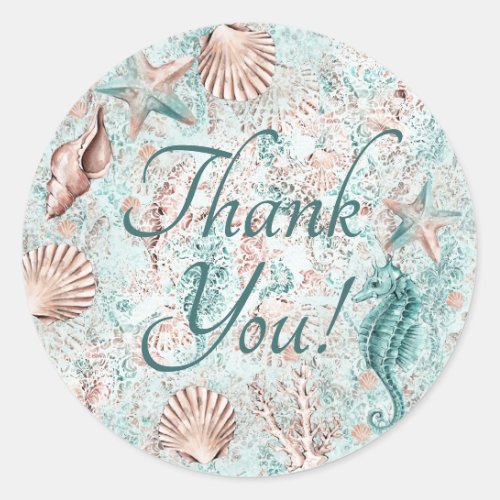 Coastal Chic  Teal Green and Coral Reef Thank You Classic Round Sticker