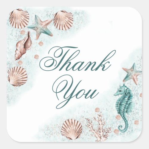 Coastal Chic  Teal Green and Coral Reef Thank You Square Sticker