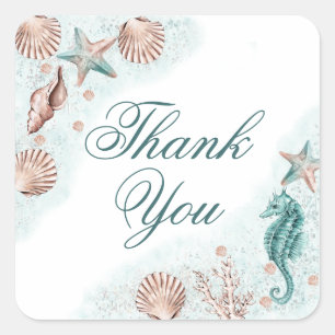 Coastal Chic Teal Green and Coral Reef Thank You Square Sticker