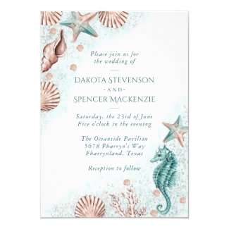 Coastal Chic | Teal Green and Coral Reef Wedding Invitation