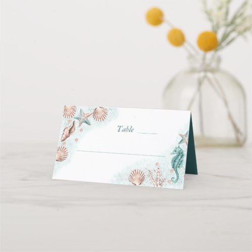 Coastal Chic  Teal Green and Coral Reef Wedding Place Card