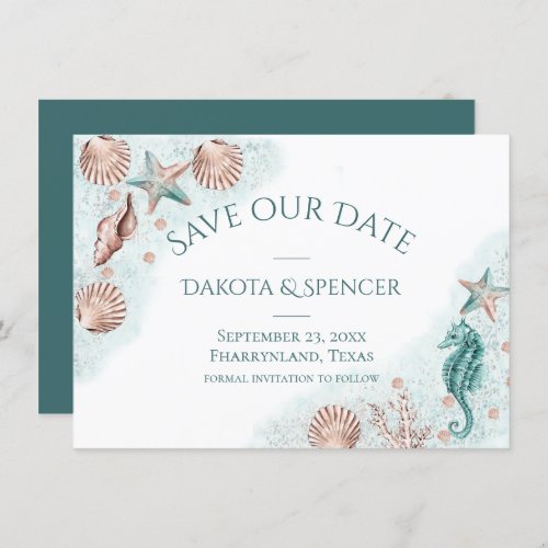 Coastal Chic  Teal Green and Coral Reef Wedding Save The Date