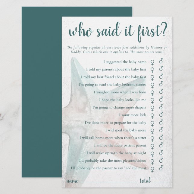 Coastal Chic | Teal Starfish Who Said First Game (Front/Back)
