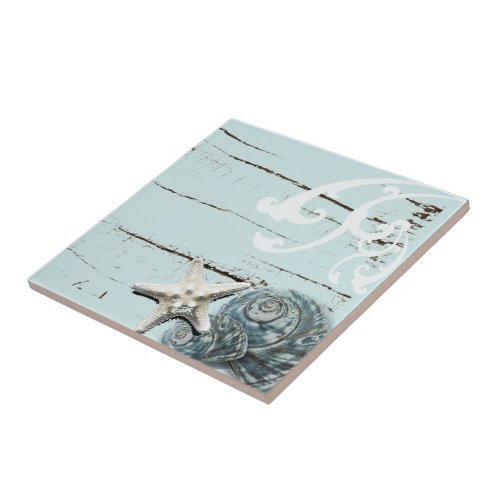 Coastal chic wood aqua blue starfish seashells ceramic tile