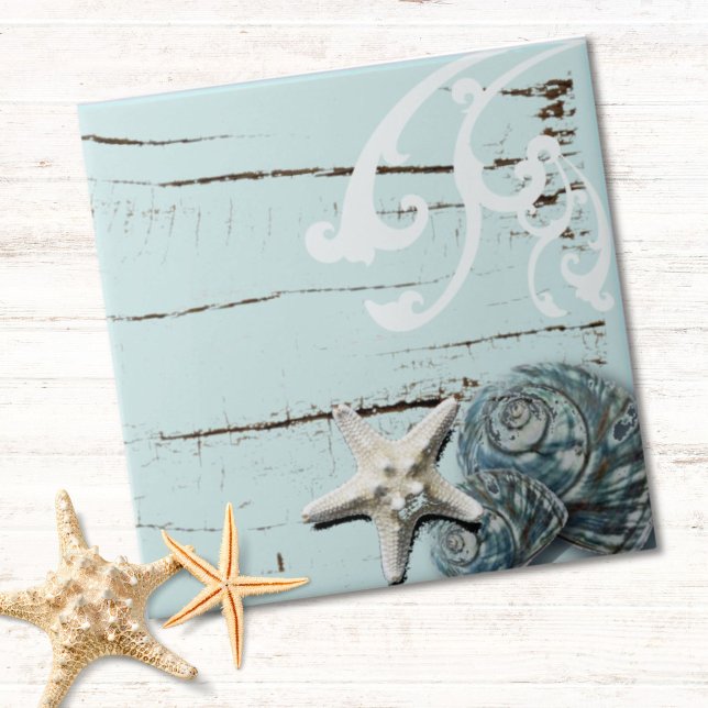 Coastal chic wood aqua blue starfish seashells ceramic tile (Coastal chic wood aqua blue starfish seashells ceramic tile)