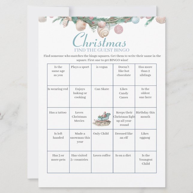 Coastal Chinoiserie Christmas Bingo game card (Front)