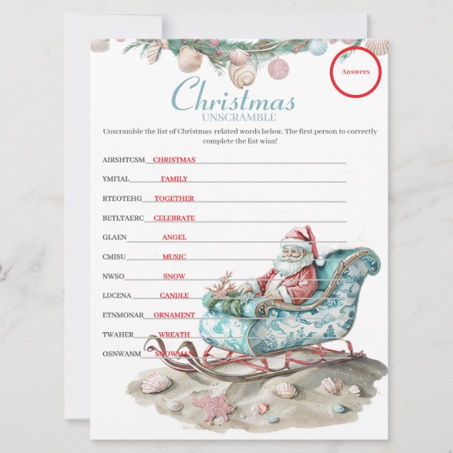 Coastal Chinoiserie Christmas Unscramble Answers Holiday Card (Front)