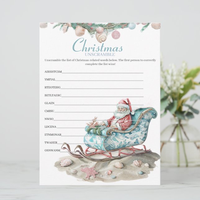 Coastal Chinoiserie Christmas Unscramble game Holiday Card (Standing Front)