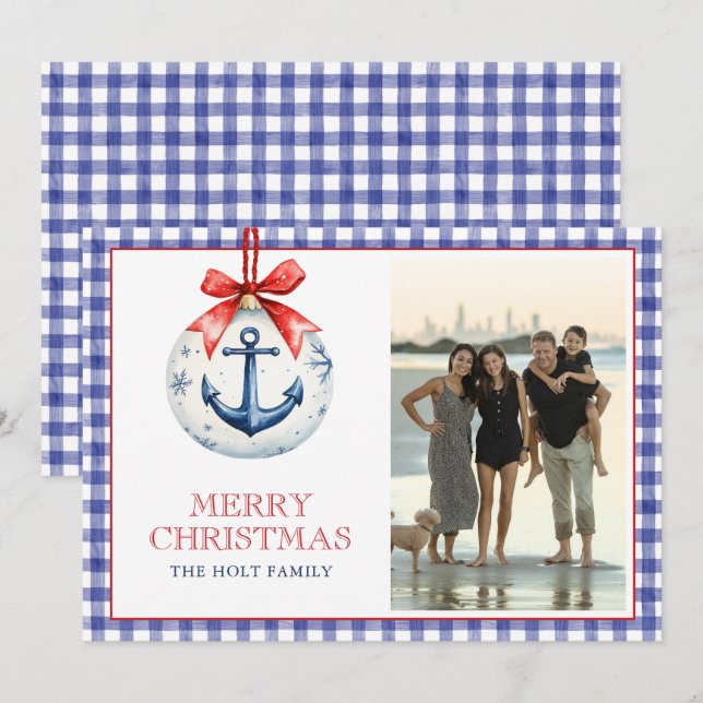 Coastal Christmas Anchor Ornament Gingham Photo Holiday Card (Front/Back)