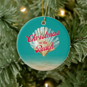 Coastal Christmas at the Beach Sand and Seashell Ceramic Ornament