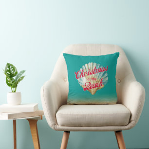 Coastal Christmas at the Beach Sand and Seashell Throw Pillow