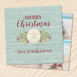 Coastal Christmas Beach Photo Holiday Card<br><div class="desc">A rustic coastal Christmas beach themed square Christmas card with the words merry Christmas on the front and room for 3 photos on the back.  Holiday Card is decorated with a pretty sand dollar and Christmas foliage. Personalize it with your name and photos. Designed for you by Blackberry Boulevard.</div>