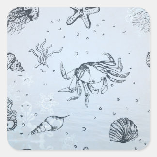 Coastal Christmas Beach Sea Creatures Blue Square Sticker