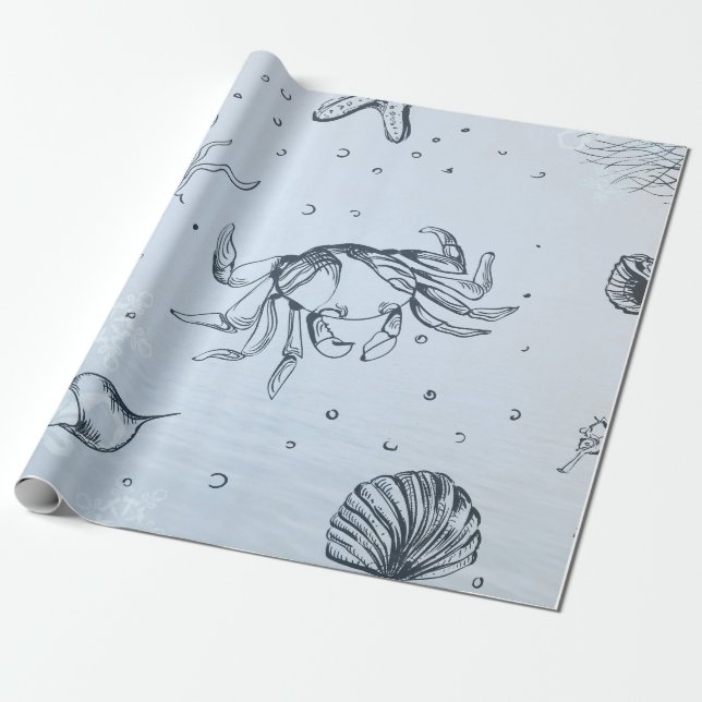 Coastal Christmas Beach Sea Creatures Blue Wrapping Paper (Unrolled)