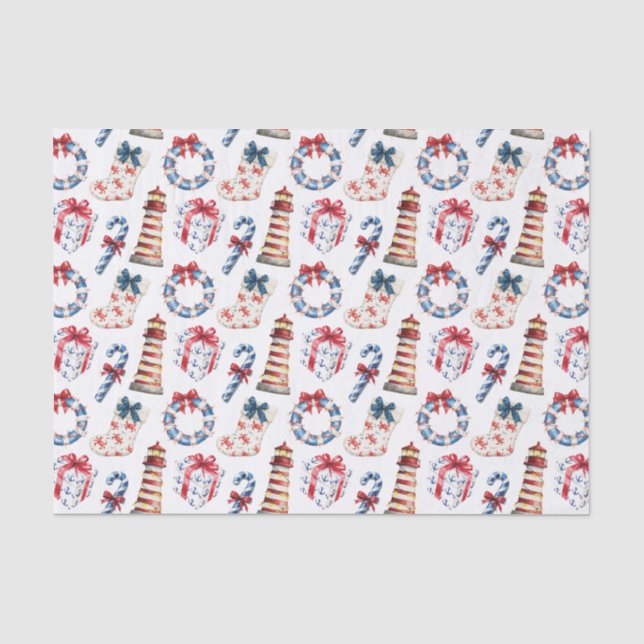Coastal Christmas Blue and Red Nautical Tissue Paper (Front)