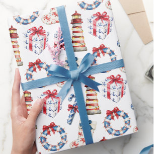 Coastal Christmas Blue and Red Nautical Wrapping Paper