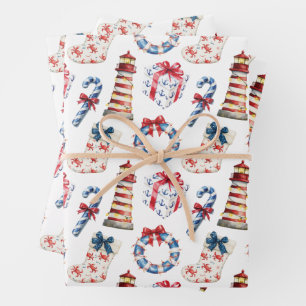 Coastal Christmas Blue and Red Nautical Wrapping Paper Sheets