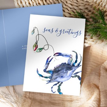 Coastal Christmas Blue Watercolor Crab Beach Card by DoTellABelle at Zazzle