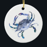 Coastal Christmas Blue Watercolor Crab Ceramic Ornament<br><div class="desc">This beach acrylic Christmas ornament features the words Merry Christmas on the back with a replica of my original hand painted crab in shades of blue. The type is set in a fun hand lettered typography over a solid blue background. Customize this coastal ornament with your names to create a...</div>