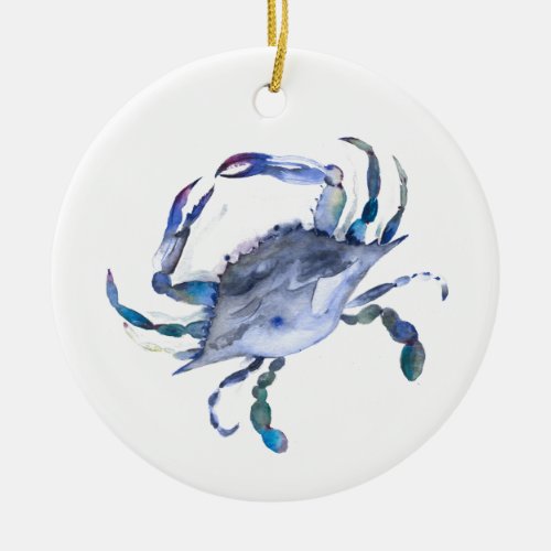 Coastal Christmas Blue Watercolor Crab Ceramic Ornament