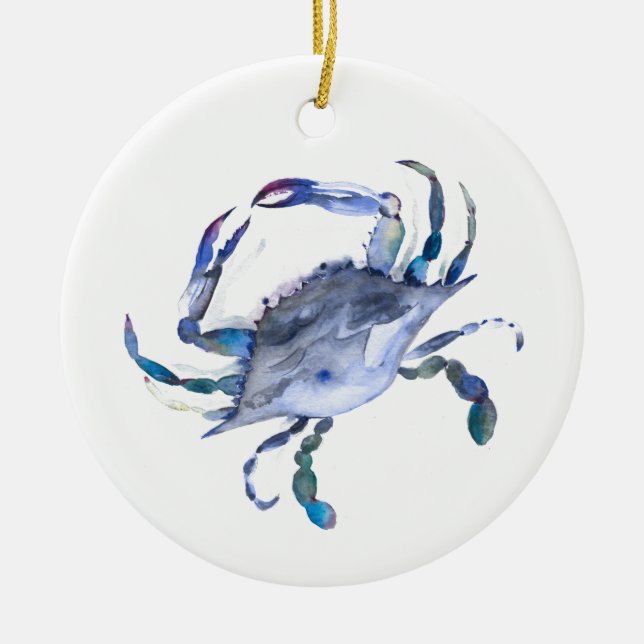 Coastal Christmas Blue Watercolor Crab Ceramic Ornament (Front)