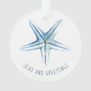 Coastal Christmas Blue Watercolor Starfish Ornament