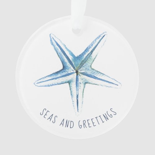 Coastal Christmas Blue Watercolor Starfish Ornament