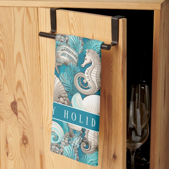 Coastal Christmas Bold Seahorse Pattern#4 ID1009 Kitchen Towel (Thirds Fold)