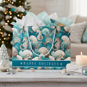 Coastal Christmas Bold Seahorse Pattern#4 ID1009 Large Gift Bag
